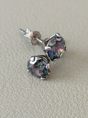 Silver Mystic Topaz Round Stud Earrings - Multicolor